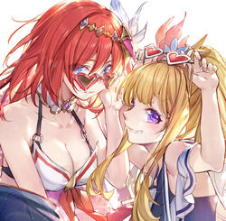  2girls achan_(blue_semi) adjusting_eyewear alexiel_(summer)_(granblue_fantasy) bikini blonde_hair blue_eyes blue_one-piece_swimsuit blush breasts cagliostro_(granblue_fantasy) choker cleavage collarbone commentary_request eyes_visible_through_hair eyewear_on_head godsworn_alexiel granblue_fantasy hair_ornament heart heart-shaped_eyewear long_hair looking_at_viewer looking_back medium_breasts multiple_girls o-ring o-ring_top official_alternate_costume one-piece_swimsuit parted_lips ponytail purple_eyes red_hair sidelocks simple_background swimsuit upper_body white_background white_bikini 