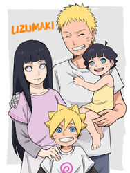  2boys 2girls :d bad_id bad_pixiv_id bandages blonde_hair blue_eyes border boruto:_naruto_next_generations brother_and_sister carrying carrying_person closed_eyes closed_mouth family father_and_daughter father_and_son grey_background grin hair_between_eyes hand_on_another&#039;s_shoulder highres hyuuga_hinata long_hair long_sleeves looking_at_viewer mother_and_daughter multiple_boys multiple_girls naruto:_the_last naruto_(series) open_mouth pink_shirt pinoko_(pnk623) purple_hair shirt short_hair siblings simple_background sleeveless smile teeth uzumaki_boruto uzumaki_himawari uzumaki_naruto white_eyes white_shirt 