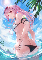  absurdres adapted_costume ass bikini black_bikini blue_sky blush breasts butt_crack cloud commentary day english_commentary eyewear_on_head female highres hololive hololive_english large_breasts long_hair looking_at_viewer mori_calliope mori_calliope_(streetwear) outdoors palm_tree pink_hair ponytail red-framed_eyewear red_eyes side-tie_bikini_bottom sky solo sun sunglasses swimsuit tokisaka_makoto tree two-tone_bikini virtual_youtuber wading water wet white_bikini 