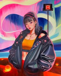  acrylic_paint_(medium) aurora ball basketball_hoop black_hair black_jacket braid breasts cleavage clothing_cutout commentary cross cross_necklace english_commentary female hairband hands_in_pockets highres jacket jewelry large_breasts leather leather_jacket little_thunder necklace original painting_(medium) pants pink_eyes pink_lips realistic red_pants shoulder_cutout sky solo star_(sky) starry_sky traditional_media upper_body 