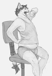  2021 anthro back_rolls belly belly_rolls black_and_white black_hair boxer_briefs cettus chair closed_eyes clothing domestic_cat fat_rolls felid feline felis fur furniture hair hi_res male mammal monochrome muffin_top natan_osorio_suarez office_chair open_mouth shirt simple_background sitting slightly_chubby solo stretch_marks tank_top topwear underwear white_background white_body white_fur yawn 