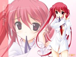  adjusting_hair breasts dress_shirt female fujiwara_warawara hair_ribbon hairdressing haruka_ni_aogi_uruwashi_no highres long_hair nire_sumika open_clothes open_shirt panties photoshop_(medium) red_eyes red_hair ribbon shirt small_breasts solo thighs twintails underboob underwear zoom_layer 