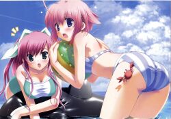  2girls absurdres ball bikini blush breasts crab crustacean futaba_hinata green_eyes highres hoshiful ikegami_akane large_breasts long_hair multiple_girls pink_hair purple_eyes short_hair striped striped_bikini striped_swimsuit swimsuit takatsuka_mizuki water 