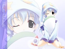  alarm_clock blue_hair braid clock female fujiwara_warawara haruka_ni_aogi_uruwashi_no hat highres long_hair one_eye_closed photoshop_(medium) pillow sitting sleepwear solo takatsuki_tonoko wariza zoom_layer 