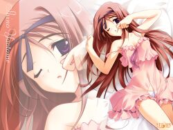  babydoll brown_hair female fujiwara_warawara hairband haruka_ni_aogi_uruwashi_no highres long_hair lying on_back one_eye_closed panties parted_lips photoshop_(medium) purple_eyes see-through solo underwear white_panties yaotome_shino yawning zoom_layer 