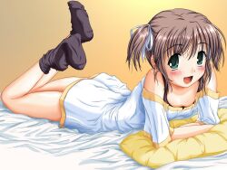  asagiri_mai bed brown_hair crescent_love green_eyes socks yoake_mae_yori_ruri_iro_na 