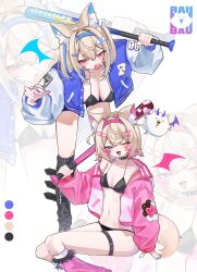  2girls absurdres alternate_costume animal_ears baseball_bat belt bent_over bikini black_belt black_bikini black_boots black_collar blonde_hair blue_jacket blue_socks blue_streaks blue_wings boots breasts cleavage collar collarbone detached_wings dog_ears doom_yorusen fuwawa_abyssgard highres holding holding_baseball_bat hololive hololive_english horns jacket knee_boots large_breasts leg_warmers long_sleeves mococo_abyssgard multiple_girls navel open_clothes open_jacket perroccino_(fuwamoco) pink_jacket pink_leg_warmers pink_streaks pink_wings short_hair siblings sisters small_breasts socks standing swimsuit thigh_belt thigh_strap virtual_youtuber white_background wings zoom_layer 