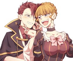  1boy beatrice_(umineko) black_dress blonde_hair blue_eyes bow breasts collarbone dress female highres holding holding_smoking_pipe hswoimuxk0pwr0h_(bbdan) large_breasts looking_at_another open_mouth pink_bow red_hair short_hair sidelocks simple_background smile smoking_pipe standing teeth umineko_no_naku_koro_ni upper_body upper_teeth_only ushiromiya_battler v-shaped_eyebrows white_background 