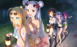  5girls alaskastomatoez armored_boots beach blonde_hair blue_eyes blush boots breast_envy breast_press breast_size_difference brown_hair crab epic_seven green_eyes halterneck hand_on_another&#039;s_shoulder highres holding holding_lantern horns jewelry lantern leotard looking_at_another multiple_girls necklace night outdoors purple_hair queue red_eyes sandals scared short_shorts shorts stomach strapless summer sunglasses swimsuit tube_top walking white_hair yufine_(epic_seven) 