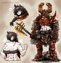  abs adeptus_astartes animal_ears armor axe belt belt_pouch blue_eyes chainmail chaos_space_marine cloak collar commission dagger dog_ears dog_girl english_commentary english_text fake_horns female flaming_weapon fur_cloak genderswap_(mtf) growling hair_over_one_eye helmet highres horned_helmet horns knife midriff muscular muscular_female octosoup pouch power_armor rule_63 scar shoulder_spikes skull solo spiked_collar spikes tank_top warhammer_40k weapon world_eaters 