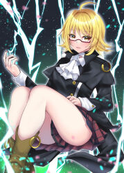  ahoge ascot bare_legs black_capelet black_jacket blonde_hair blush boots breasts brown_footwear buttons capelet collared_capelet crossed_ankles electricity electrokinesis eyelashes female fingernails full_body glasses gradient_background green_background hair_intakes hand_on_lap happy highres jacket layered_sleeves light_particles lightning long_sleeves magahara_mitama medium_breasts miniskirt mystical_power_plant o-ring open_mouth original ougi_hina outline outstretched_hand petals plaid_clothes plaid_skirt pleated_skirt red-framed_eyewear red_skirt shirt sitting skirt smile solo thighs touhou white_ascot white_outline white_shirt yellow_eyes 