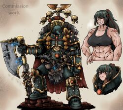  abs adeptus_astartes armor axe black_hair chainmail chaos_space_marine commission female gauntlets genderswap_(mtf) gun handgun helmet highres multicolored_hair muscular muscular_female octosoup plume power_armor red_eyes red_hair rule_63 skull solo sons_of_horus tan tank_top warhammer_40k weapon 