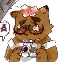  1:1 2016 aged_down angry anthro band-aid bandage camera canid canine kounosuke_(morenatsu) low_res male mamaito mammal morenatsu ouch raccoon_dog simple_background solo tanuki white_background wounded young 