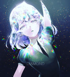  1other akamahura amputee androgynous bob_cut broken colored_eyelashes crack crystal_hair damaged diamond_(houseki_no_kuni) gem_uniform_(houseki_no_kuni) grey_eyes highres houseki_no_kuni medium_hair missing_limb open_mouth other_focus white_hair 