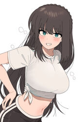  black_pants blush braid breasts brown_hair commentary_request crown_braid female grin hand_on_own_hip highres korean_commentary large_breasts long_hair looking_at_viewer looking_to_the_side nakta navel original pants shirt simple_background smile solo steam sweatdrop tied_shirt very_long_hair white_background white_shirt you&#039;re_under_my_skin! 