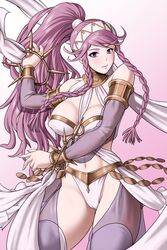  absurdres armlet braided_sidelock breasts cameltoe dancer detached_sleeves female fire_emblem fire_emblem_awakening gold_trim headband high_ponytail highres jewelry long_hair looking_at_viewer medium_breasts midriff navel olivia_(fire_emblem) pink_hair ponytail purple_eyes rakusai_(saisai_garou) ring see-through see-through_sleeves shawl smile solo spiked_ring very_long_hair white_background white_shawl 