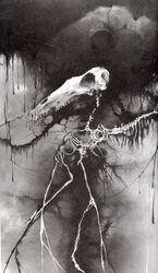  1991 abstract_art abstract_background bone creepy dripping equid equine feral greyscale horse mammal monochrome scary_stories_to_tell_in_the_dark skeleton skull solo stephen_gammell story_at_source surreal traditional_media_(artwork) 