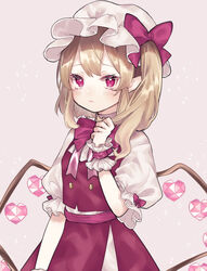  :&lt; alternate_color beige_background blonde_hair blush bow bowtie buttons closed_mouth commentary cowboy_shot crystal expressionless female flandre_scarlet frilled_cuffs frilled_sleeves frills hand_up hat hat_bow heart heart_in_eye highres looking_at_viewer medium_hair mob_cap one_side_up pink_wings pointy_ears puffy_short_sleeves puffy_sleeves red_bow red_bowtie red_eyes red_shirt red_skirt red_vest shirt short_sleeves sidelocks simple_background skirt slit_pupils solo sparks symbol_in_eye touhou vest white_shirt wings wrist_cuffs youtan 