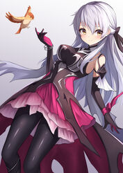  absurdres adapted_costume bare_shoulders bird black_pantyhose black_ribbon bow bracelet breasts cape closed_mouth cowboy_shot dress dutch_angle elbow_gloves female fire_emblem fire_emblem:_radiant_dawn fire_emblem_heroes gloves grey_hair hair_ribbon hairbow hako_momiji half_updo highres jewelry long_hair medium_breasts micaiah_(fire_emblem) micaiah_(resplendent)_(fire_emblem) official_alternate_costume pantyhose ribbon short_dress silver_background simple_background sleeveless sleeveless_dress solo torn_cape torn_clothes turtleneck yellow_eyes yune_(fire_emblem) 