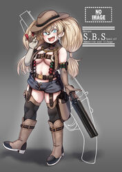  belt black_thighhighs blonde_hair blue_eyes boots breasts brown_belt brown_footwear brown_gloves brown_hat brown_vest cowboy_hat denim denim_shorts double-barreled_shotgun double_barrels elbow_gloves english_text female full_body garter_belt gloves gun hat highres holding holding_gun holding_weapon konoshige_(ryuun) long_hair medium_breasts navel oerba_yun_fang open_clothes open_mouth open_vest original personification sawed-off_shotgun short_shorts shorts shotgun shotgun_shell skin_fang solo standing thighhighs twintails vest weapon 