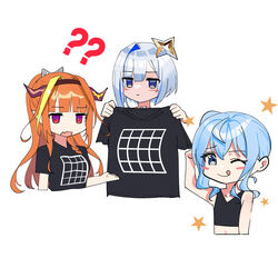  3girls :q ? ?? absurdres alternate_costume alternate_hairstyle amane_kanata asymmetrical_hair black_shirt blonde_hair blue_hair blunt_bangs blush_stickers bow braid breasts chibi colored_inner_hair diagonal-striped_bow diagonal_stripes doukyo&#039;s dragon_girl dragon_horns flat_chest grey_hair hair_between_eyes hairbow halo highres holding holding_clothes holding_shirt hololive horns hoshimachi_suisei illusion_grid_t-shirt kiryu_coco long_hair looking_at_viewer multicolored_eyes multicolored_hair multiple_girls nonbire oerba_yun_fang one_eye_closed open_mouth orange_hair pointy_ears ponytail purple_eyes red_eyes shirt short_hair short_sleeves side_braid sidelocks simple_background single_braid skin_fang slit_pupils streaked_hair striped striped_bow t-shirt tongue tongue_out upper_body virtual_youtuber wavy_hair white_background 