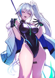  barcode barcode_tattoo black_leotard blue_hair breasts ephnel female green_neckwear grey_hair highleg highleg_leotard highres koto_suomi leg_tattoo leotard long_hair looking_at_viewer medium_breasts multicolored_hair open_mouth purple_eyes shiny_skin simple_background smile solo soulworker standing streaked_hair tattoo white_background 