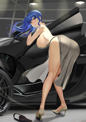  ass azur_lane backless_dress backless_outfit bare_arms bare_legs bare_shoulders bent_over blue_hair bottle breasts car ceiling_light dress earrings female grey_dress grey_footwear hair_ornament hairclip hanging_breasts high_heels highres huge_breasts jewelry long_hair long_legs looking_at_viewer looking_back motor_vehicle ocarino official_alternate_costume parted_lips purple_eyes side_ponytail side_slit sidelocks sleeveless sleeveless_dress solo st._louis_(azur_lane) st._louis_(luxurious_wheels)_(azur_lane) standing stud_earrings thighs wavy_hair 