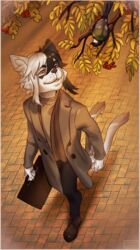  2021 5_fingers anthro avian bird clothed clothing detailed_background digital_media_(artwork) domestic_cat duo felid feline felis fingers hair hi_res male mammal night orange_eyes outside poofroom smile white_hair 