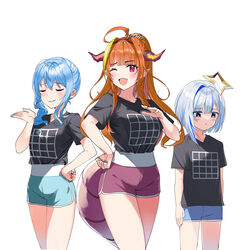  3girls absurdres ahoge alternate_costume alternate_hairstyle amane_kanata asymmetrical_hair black_shirt blonde_hair blue_hair blue_nails blue_shorts blunt_bangs blush_stickers bow braid breast_envy breasts closed_eyes collarbone colored_inner_hair commentary_request diagonal-striped_bow diagonal_stripes dolphin_shorts doukyo&#039;s dragon_girl dragon_horns dragon_tail flat_chest flat_chest_joke grey_hair hair_between_eyes hairbow halo hand_on_own_hip highres hololive horns hoshimachi_suisei illusion_grid_t-shirt kiryu_coco large_breasts long_hair looking_at_viewer multicolored_eyes multicolored_hair multiple_girls nail_polish nonbire oerba_yun_fang one_eye_closed open_mouth optical_illusion orange_hair pointy_ears ponytail purple_eyes purple_shorts red_eyes shirt short_hair short_sleeves shorts side_braid sidelocks simple_background single_braid skin_fang slit_pupils streaked_hair striped striped_bow t-shirt tail tented_shirt virtual_youtuber wavy_hair white_background 