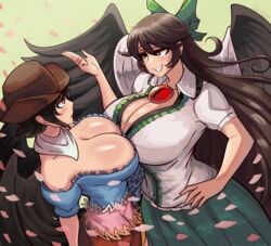  2girls big_breasts bow breast_press breasts cape cherry_blossoms cowboy_hat exposed_breasts female female/female female_focus female_only hand_on_hip large_breasts leaves long_hair nicecream no_humans okuu red_eye saki_kurokoma short_hair smile sweatdrop team_shanghai_alice touhou utsuho_reiuji youkai yuri 