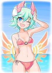  ahoge azure_striker_gunvolt bikini blue_eyes blue_sky breasts cougar_(cougar1404) female green_hair gunvolt_chronicles_luminous_avenger_ix headgear looking_at_viewer ocean one_eye_closed open_mouth roro_(gunvolt) short_hair sky smile solo swimsuit 