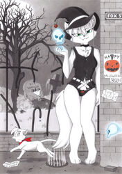  3_toes alica anthro barefoot black_clothing black_panties black_underwear bone canid canine cleo_(tirashanks) clothing cosplay costume domestic_cat duo feet felid feline felis female feral food fox front-print_panties fruit grave halloween hi_res holidays magic_user mammal panties paws plant print_clothing print_panties print_underwear pumpkin pumpkin_panties skull tirashanks_(artist) toes tomb toony undead underwear vanilla_(tirashanks) witch zombie 