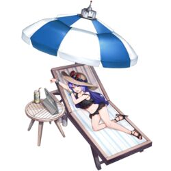  alcohol beer beer_can bikini blue_hair blue_ribbon blush bracelet bumcha can chair collarbone drink_can drinking_straw eyewear_on_headwear female frilled_bikini frills full_body game_cg hat highres jewelry last_origin long_hair looking_at_viewer lounge_chair lying navel official_alternate_costume official_art open_mouth parasol pearl_anklet pearl_bracelet radio_antenna ribbon sandals shadow smile solo sun_hat sunglasses swimsuit table tablet_pc tachi-e transparent_background umbrella wooden_table yellow_eyes yumi_(last_origin) 