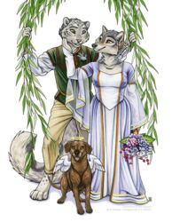  2022 anthro bouquet breasts brown_eyes canid canine canis clothed clothing domestic_dog dress eye_contact eyebrows eyelashes feathered_wings feathers felid feline female feral fingers flower flower_bouquet halo looking_at_another male mammal pantherine plant shinigamigirl shirt simple_background smile snow_leopard topwear touching_face tree tunic white_background willow_tree wings wolf 