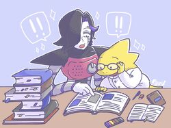  alphys anthro blush book book_stack buckteeth claws clothing coat duo english_text eraser exclamation_point eyewear female front_view furniture glasses gloves grey_body hair hair_over_eye handwear hi_res highlights_(coloring) holding_eyewear holding_glasses holding_object humanoid lab_coat lizard machine mettaton_ex notebook oekaki_ega4 one_eye_obstructed open_book pen purple_highlights reading reptile robot robot_humanoid scales scalie signature simple_background sparkles speech_bubble stack table tail teeth text textbook thick_tail topwear undertale undertale_(series) white_body writing_utensil yellow_body yellow_scales 