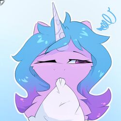  1:1 blue_background blue_hair blush chest_tuft digital_media_(artwork) equid equine female feral fur glazirka hair hasbro hi_res horn izzy_moonbow_(mlp) mammal mlp_g5 mouth_hold my_little_pony mythological_creature mythological_equine mythology one_eye_closed purple_body purple_fur simple_background solo tuft unicorn unicorn_horn 