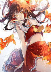  absurdres azure_silan bare_arms bare_shoulders bow brown_eyes brown_hair crop_top female fish frilled_bow frilled_shirt_collar frills goldfish hair_tubes hairbow hakurei_reimu highres long_hair midriff navel necktie petticoat photoshop_(medium) red_bow red_shirt red_skirt sarashi shirt skirt skirt_set sleeveless sleeveless_shirt solo stomach touhou white_background yellow_necktie 