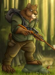  5_fingers anthro bear claws clothing david_the_bear eyewear fingers front_view glasses grass gun hi_res invidiart male mammal natural_colors navel orange_eyes outside pawpads paws plant ranged_weapon rifle serious_face side_view slightly_chubby solo standing tactical tree weapon 