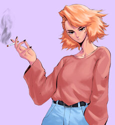  absurdres belt black_belt black_eyes black_nails blonde_hair cigarette commentary english_commentary expressionless female hand_up highres long_sleeves looking_at_viewer mole mole_under_eye natalia_(sotcho) original purple_background red_shirt shirt short_hair simple_background smoke solo sotcho 