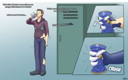  anthro beverage_can bottomwear clothed clothing crushed_can crushed_object diethyl dissolving_clothing drinking english_text footwear fully_clothed garchomp gender_transformation generation_4_pokemon hi_res hoodie human locker_room lynn_(n4ckl3) male mammal mid_transformation mtf_transformation nintendo pants pokemon pokemon_(species) potion profanity shoes solo species_transformation standing text topwear transformation transformation_potion transformed_clothing 