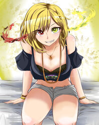  blonde_hair breasts charlotte_(shironeko_project) cleavage commentary_request female grin harimao_(hanzou_uji) heterochromia jewelry red_eyes shironeko_project sitting smile yellow_eyes 