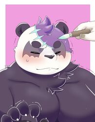  2021 alp_(tas) anthro bear black_nose blush bust_portrait closed_eyes disembodied_hand duo giant_panda hi_res humanoid_hands kemono lifewonders male mammal moobs morosuhe mostly_offscreen_character motion_lines motion_outline overweight overweight_male portrait solo_focus tokyo_afterschool_summoners white_body 