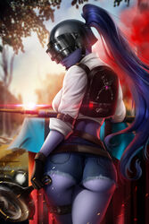  absurdres arm_at_side arm_belt ass ayya_sap back backpack bag black_gloves blue_shorts breasts colored_skin contrapposto cosplay crop_top crop_top_overhang cutoffs day denim denim_shorts facing_viewer female from_behind frying_pan gloves highres holding holding_frying_pan leather leather_gloves lips lipstick lone_survivor_(pubg) lone_survivor_(pubg)_(cosplay) long_hair makeup outdoors overwatch overwatch_(logo) overwatch_1 paid_reward parted_lips patreon_reward photoshop_(medium) playerunknown&#039;s_battlegrounds ponytail purple_hair purple_lips purple_skin shirt short_shorts shorts solo thigh_strap underbutt very_long_hair welding_mask widowmaker_(overwatch) 