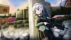  battle_rifle black_necktie black_skirt black_thighhighs blue_sky blush cloud cloudy_sky collared_shirt commentary commission english_commentary female fn_fal green_jacket grenade_launcher grey_hair gun holding holding_gun holding_weapon jacket leopard_2 long_hair m203 military military_vehicle motor_vehicle necktie open_mouth original outdoors pleated_skirt prophosphere red_eyes rifle ruins scope shirt skirt sky solo tank thighhighs trigger_discipline underbarrel_grenade_launcher v-shaped_eyebrows weapon white_shirt 