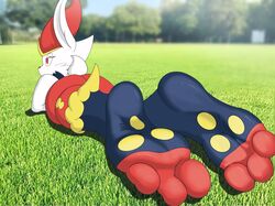  3_toes ambiguous_gender anthro ass barefoot cinderace detectivebubble feet foot_focus generation_8_pokemon hi_res hindpaw humanoid_feet lagomorph lying mammal nintendo nude on_front paws plantigrade pokemon pokemon_(species) soles solo toes 