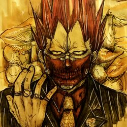  1boy benicio commentary_request dorohedoro en_(dorohedoro) formal highres jewelry looking_at_viewer male_focus mask mushroom necktie portrait red_hair ring solo suit 