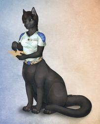  cat_taur clothing domestic_cat felid felid_taur feline feline_taur felis female gradient_background hair inkmaven mammal mammal_taur shirt simple_background solo taur topwear 