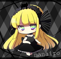  animal animal_on_head bare_shoulders black_cat black_choker black_dress black_footwear black_hairband blonde_hair chibi choker closed_mouth commentary_request dress feline female frilled_choker frills full_body hairband kougei_ciel_nana long_hair looking_at_viewer multicolored_eyes on_head rensei shoes sleeveless sleeveless_dress solo sound_voltex strap_slip striped_clothes striped_hairband very_long_hair 