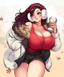  autumn_leaves bare_shoulders beryl_(junkpuyo) breasts brown_hair cleavage coffee collarbone commentary_request earmuffs female highres huge_breasts jacket jewelry junkpuyo lips long_hair looking_at_viewer looking_to_the_side original purple_eyes red_hair ring short_shorts shorts smile solo thick_thighs thighs 