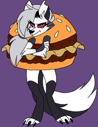  anthro burger burger_costume canid canid_demon canine cheeseburger_costume clothing costume demon eye_through_hair female food food_costume front_view hair hellhound helluva_boss hi_res kigtoons looking_at_viewer loona_(helluva_boss) mammal mythological_canine mythological_creature mythology purple_background simple_background solo standing translucent translucent_hair 